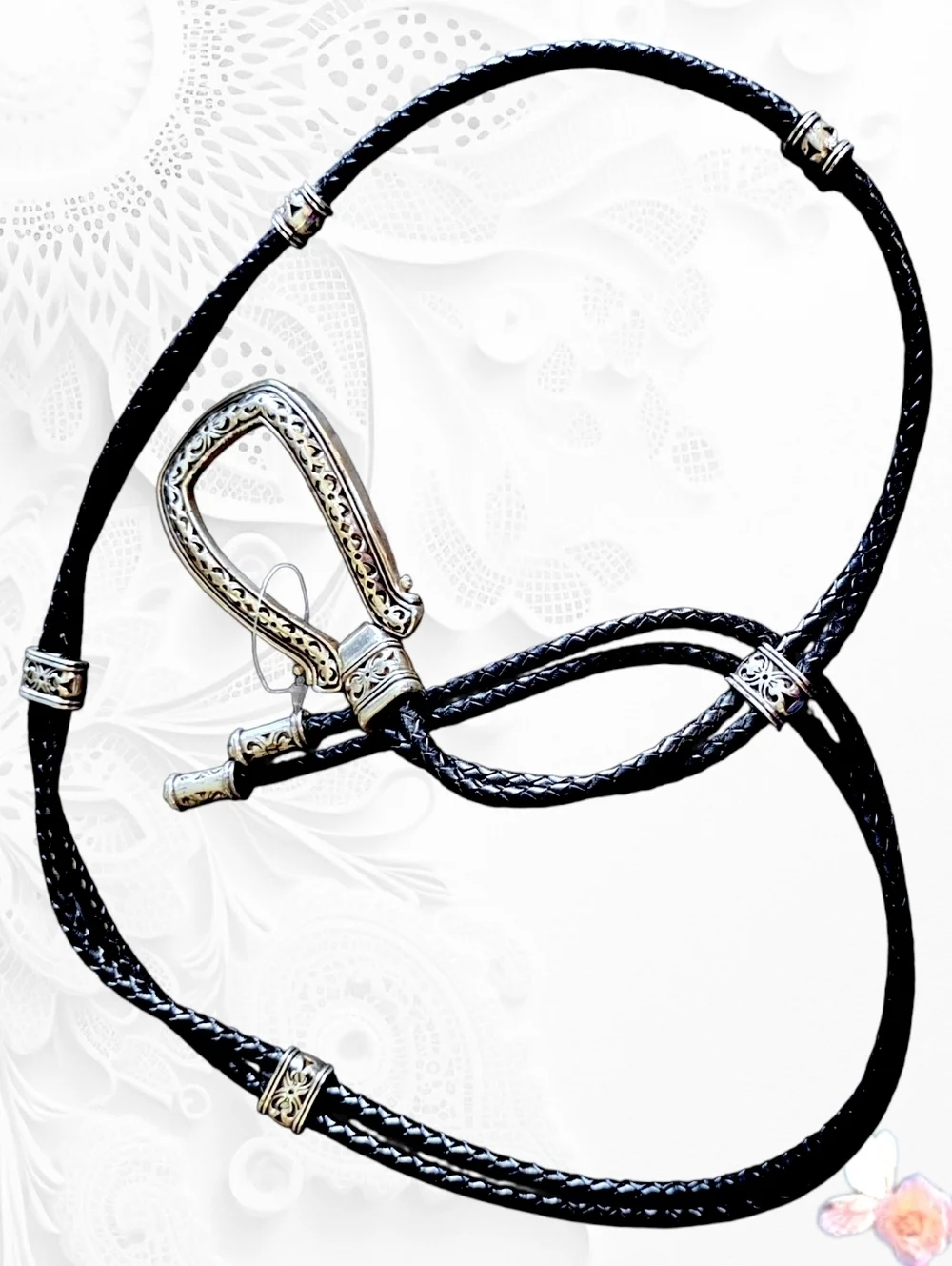 Vintage Lasso Belt Braided Leather Ornate Silver Buckle Black Western